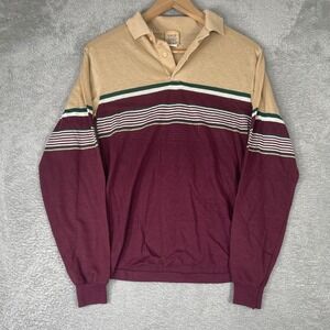 Sears Long Sleeve Polo Boys Size 18 Maroon Tan Striped Knit Rugby Shirt Vintage